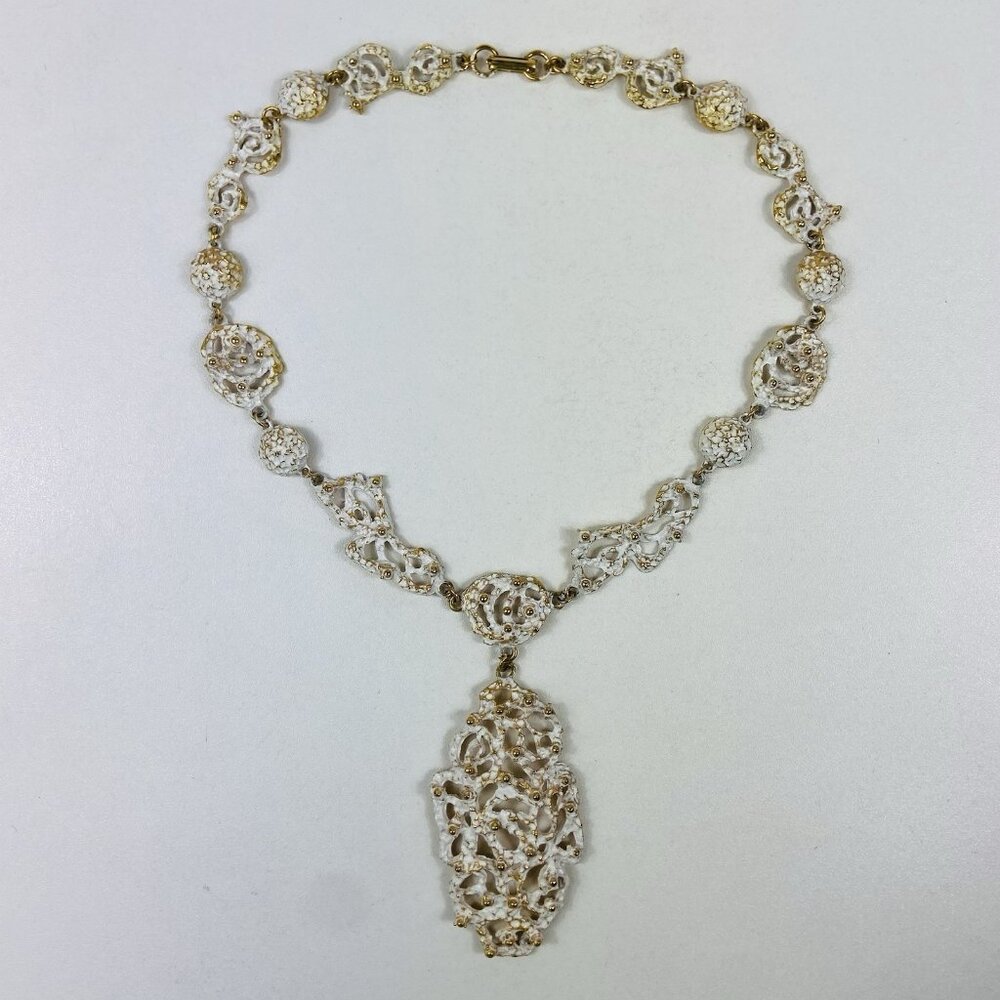 Vintage Brutalist Gold Tone White Enamel Necklace Modernist Polcini ?